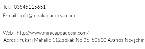 Mira Cappadocia Hotel telefon numaralar, faks, e-mail, posta adresi ve iletiim bilgileri